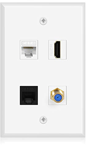 TNP Ethernet Coax HDMI Phone Wall Plate - Cat 6 RJ45 Port + TV Coax/Coaxial F Type Connector + HDMI + Phone RJ11/RJ12 Cat 3 Keystone Jack Multi Combo Faceplate Video Audio Socket Outlet Cover Panel