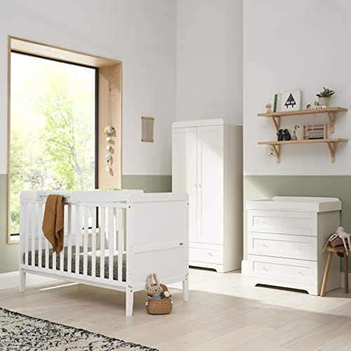 Tutti Bambini Rio 3-Piece Nursery Furniture Set - 2-in-1 Baby Cot Bed, Baby Changing Table with Drawers + Nursery Wardrobe for Baby Storage, Baby Furniture Set, Baby Storage (White)