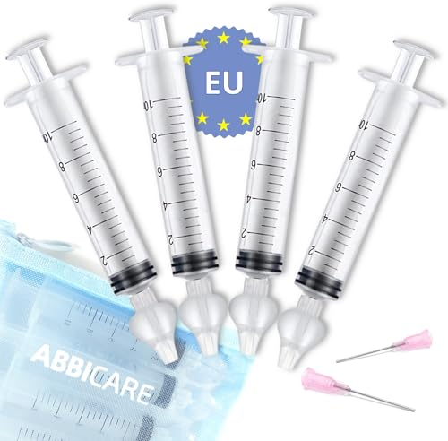 Siringa per lavaggi nasali bambini 10ml ABBICARE™ senza BPA CE | Kit 4 siringhe con olive in silicone + 2 punte di riempimento per soluzione fisiologica | Aspiratore nasale neonato lavaggio