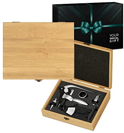 Maverton Ensemble d'accessoires pour vin avec coffret en Bois de Bambou - Cadeau d'accessoires pour le vin - Coffret du sommelier - Set sommelier pour un ami
