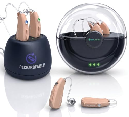 EarCentric EasyCharge Rechargeable Hearing Aids (Pair) for Seniors, Behind-The-Ear BTE Ear Aid PSAP digital Personal sound amplification products devices with Noise Cancellation (Beige)