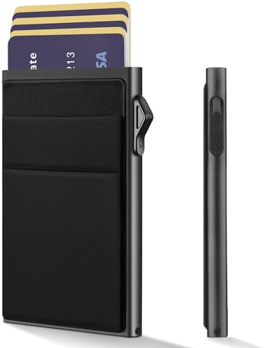 YESIIW Slim Wallet for Men - Pop up Card Holder RFID Blocking Minimalist Business Credit Card Wallet with Money Pocket Metal Card Case for Notes and Coins and Debit Cards Black