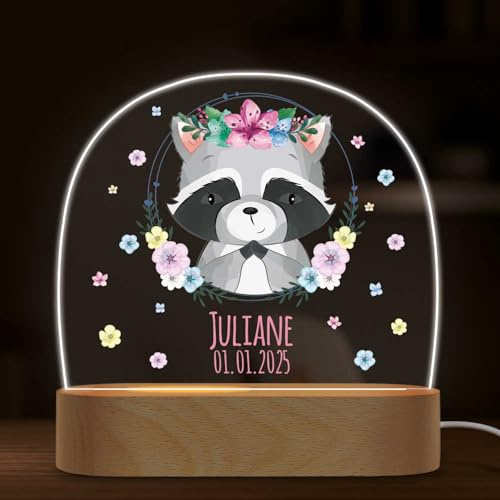 GRAVURZEILE Personalisiertes LED Nachtlicht für Kinder - Blumenkranz - Personalisiert mit Namen - Nachttischlampe für das Kinderzimmer - Geschenk für Kinder & Babys - Baby Geschenk - Waschbär