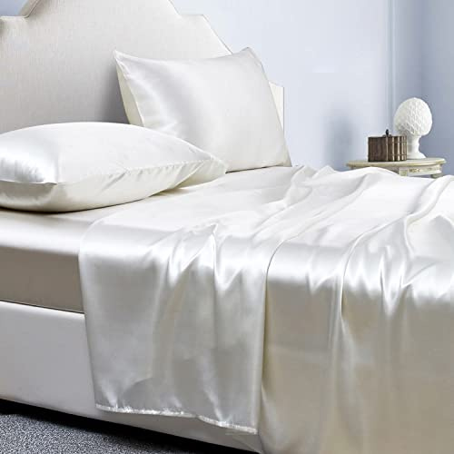 Jemiipee Parure de Lit Satin Couleur Unie Drap Housse - 180x200 cm 2 Personnes avec Grand Bonnet de 36 cm - Ensemble 4 Pièces - Drap Housse, Drap Plat et 2 Taie d'oreiller, Ivoire