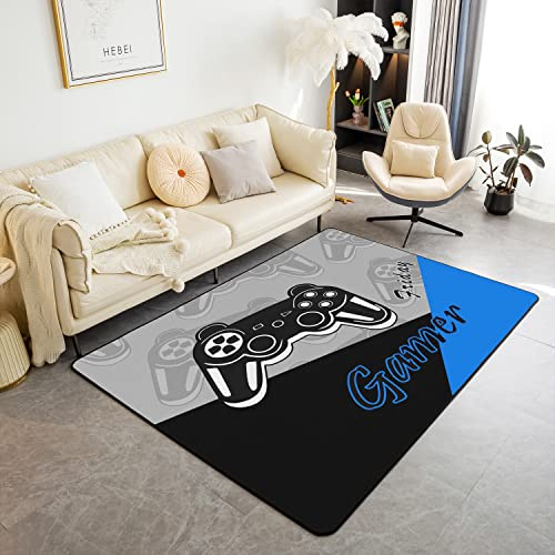 Loussiesd Alfombra de juegos para sala de estar, dormitorio, sala de juegos, decoración de gamepad azul y negro, 150 x 200 cm