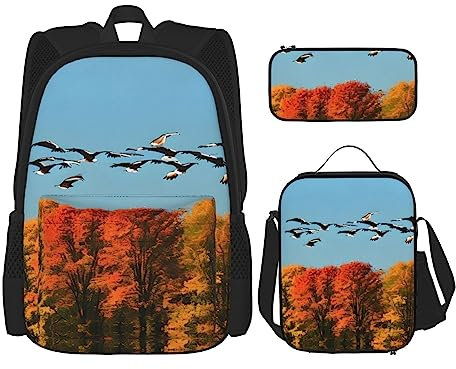 OdDdot Schulrucksack-Set, Reiserucksack, leichte Büchertasche, mit Lunchtasche, Federmäppchen, Jagd, fliegender Wilddruck, Jagd Fliegende Wilde Enten und Baum, Einheitsgröße, Schulranzen-Set