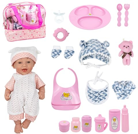 KalaDuck Baby Puppen Spielset, 10 Neugeborene Babypuppe Spielzeug mit Kleidung, Fütterungsset, Puppenbär und mehr Puppenzubehör, 20PCS Vorgetäuschtes Spiel Baby Puppe Geschenk für Mädchen