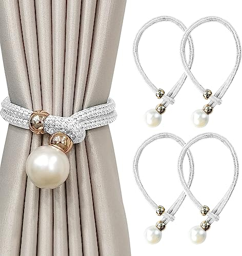 4 Stück Vorhang Raffhalter,Raffhalter für Gardinen Mit Großen Perlen für Heimdekoration, Büro, Hotel Etc (Weiß)