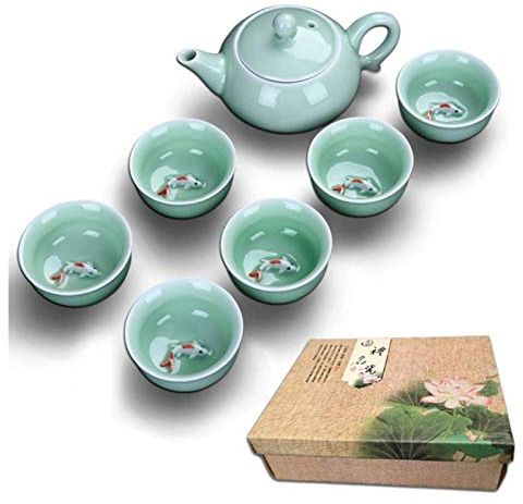 Service à thé en céramique orientale, théière Tetsubin en fonte, tasse à thé chinoise, porcelaine céladon, poisson, théière, verres, service à thé en céramique, tasse en céramique, cadeau chinois, acc