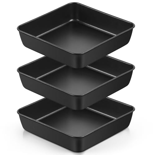 P&P CHEF 8 Inch Square Baking Pan Set of 3, Nonstick Cake Pan Lasagna Brownie Pans Trays for Baking Roasting, Stainless Steel Core with Non-stick Coating, Oven & Freezer Safe, Safe & Durable