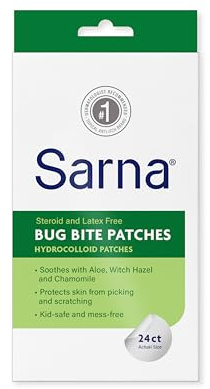 Sarna Bug Bite Patches - Peel & Stick Hydrocolloid Patches with Aloe, Witch Hazel & Chamomile - Kid-Safe, Vegan, Steroid-Free, Latex-Free, Single-Use Patches, TSA-Friendly, 24ct