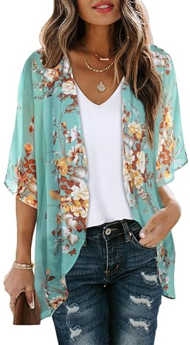 florynova Womens Kimono Cardigan Loose Beach Cover Ups(Aqua Blue,2XL)