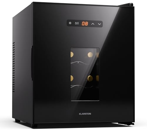 KLARSTEIN Vinoteca para Vinos, Nevera Vino Una Zona 5-22°C, Botellas Vino, Proseco y Cervezas, Vinoteca Pequeña Puerta Cristal para Interior y Exterior, Nevera para Vinos Capacidad 16 Botellas
