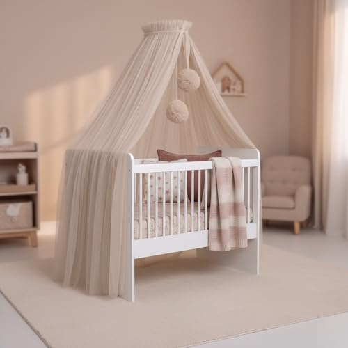 Baby Fancyroom Betthimmel für Babybett, Prinzessin Babywiege, Moskitonetz, Beistellbett Himmel, Babyzimmer Deko, Baldachin Premium Tüll (Nude (Beige mit leichtem Rosastich), Betthimmel mit Bommel)