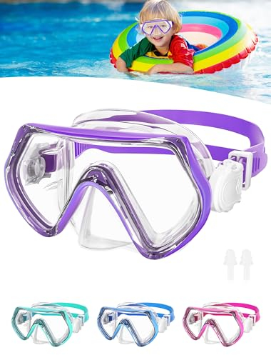 JATEKA Taucherbrille Kinder, Schnorchelmaske 4-10 Jahre, Tauchmasken mit Silikon-Nasenabdeckung, Schwimmbrille Kinder 180°Panorama-HD-Gehärtetes-Glas, Lila