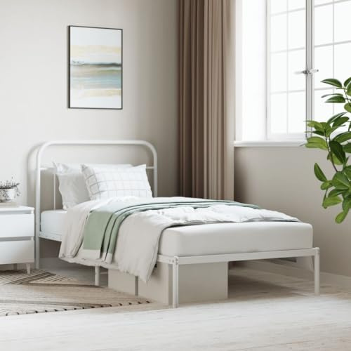 ZQQLVOO Bed Frame Lattenrost Palettenbett Bodenbett Bettgestell mit Kopfteil Metall Weiß 107x203 cm