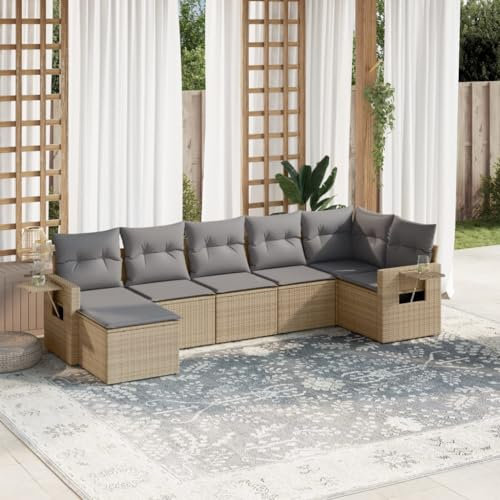 Rantry 7-TLG. Trädgårdssoffa set med kudde, trädgårdslounge, loungesoffa, trädgårdsmöbler, hörnlounge, hörnsoffa, balkongmöbler, sittgrupp, loungemöbler för trädgård, terrass och balkong, beige, poly