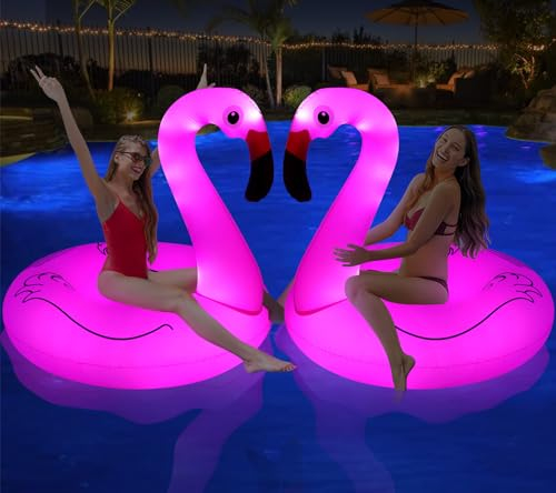 DeeprBling Aufblasbar Flamingo Schwimmring mit Lichtern, Schwimmreifen Flamingos, Großer Pool Schwimmring Flamingo für Erwachsene, Wasser Pool Luftmatratze - 2 Stück
