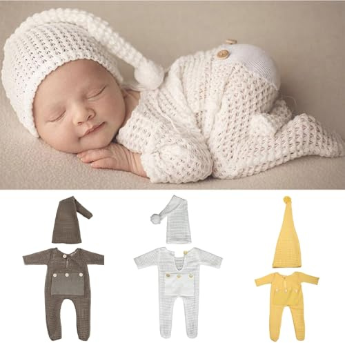 jojnsha 2 Pcs Newborn Photography Props Crochet Outfit Baby Romper Hat Set Accesories