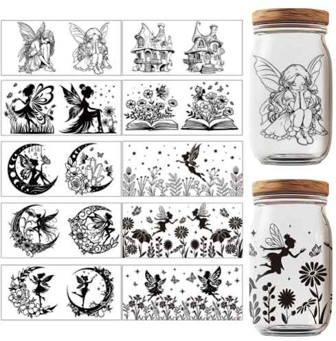 GOMAKERER 17 Pcs Fairy UV DTF Cup Wraps, Elf Transfer Stickers Black Floral Butterfly Moon Printed UV Rub Transfer Stickers for 16 Oz Glass Cups Milk Tea Cups Mugs Container Decor