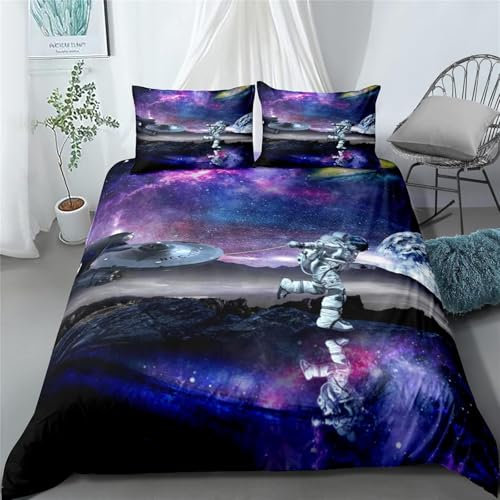3D Bettbezug Bettwäsche Set - Astronauten-Weltraum Drucken Erwachsene Kinder Bettwäsche-Set, Mikrofaser Weiche Bettbezug Mit Reißverschluss Und 2 Kissenbezüge - Anti-Allergie 135X200 C -25032452322808