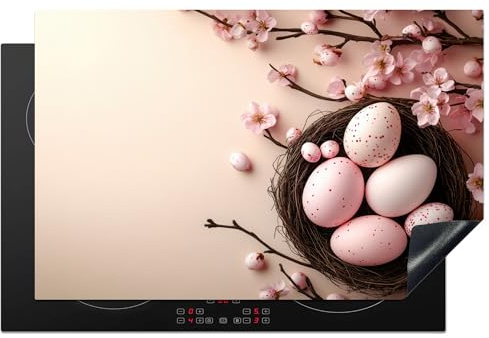 KitchenYeah© Herdabdeckplatte 81.2x52 cm Einteilig Ceranfeld Abdeckplatte für Induktionsschutz Ceranfeldabdeckung Vinyl Herdabdeckplatten Rosa - Blüten - Ostereier