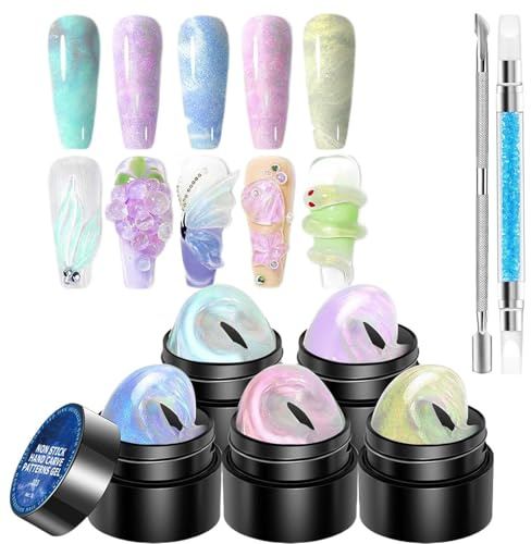 Gel de escultura de uñas 3D, gel de escultura de uñas,5 colores Builder Solid Builder Diseños de uñas Gel de escultura - Conjunto de manicura antiadherente con bolígrafo para moldeo, construcción, pin
