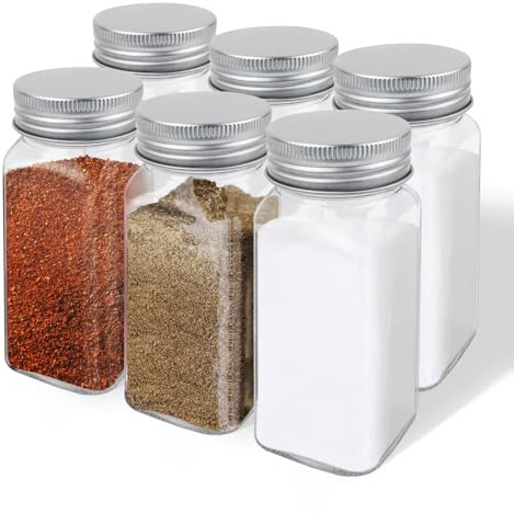 ZUFECY 4oz Glass Spice Bottles with Shaker Lids, Restaurant & Home Kitchen Storage | Square Air-Tight Containers for Spices, Salt, Pepper (Set of 6, 120ml)​