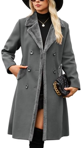 Yuson Girl Abrigo Mujer Invierno Cuello de Solapa Abrigos Largo Suave Cálido Doble Botonadura Abrigos Otoño Invierno Clásico Elegantes Trench con Bolsillos(Gris oscuro, L)
