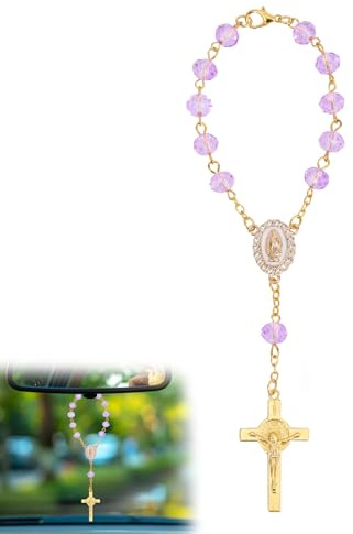 lasuroa Rosenkranz für Auto-Spiegelaufhängung, Elegantes Rückspiegel Accessoire Katholischer Rosenkranz Anhänger als Hochzeitsgeschenk Tauf und Erstkommunions Dekoration