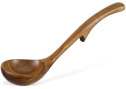 Homoyoyo Mestolo in Legno di Acacia Gancio Cucchiaio da Minestra in Legno Massello 24X7 CM Utensile da Cucina Manico Ergonomico per Mescolare e Servire Utensile Versatile per Uso