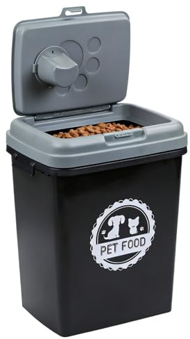 Greenfields 40L/15KG - Pet Food Storage Airtight Storage Container with Flip Top Locking System - Integrated Scoop Food Dispenser Bin, Birds, Pets, Cat, Dog, Fish, Pellet (Black/Grey)
