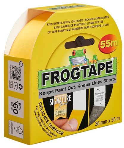 FrogTape Delicate Cinta de Carrocero Washi Amarilla 36mm x 55m, Tecnología PaintBlock, Cinta de Pintor para Superficies Sensibles y Papel Pintado, Retirada Sin Residuos 60 Días, Bordes Nítidos