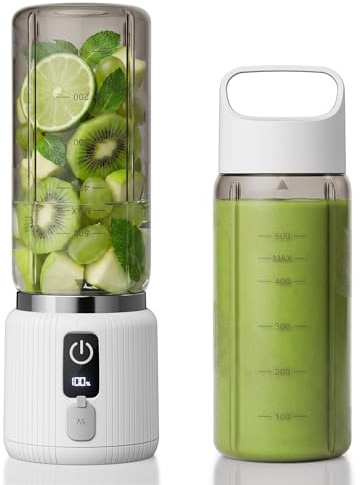 COKUNST Tragbarer Mixer smoothie maker to go, LED Anzeige, Deckel, 500ml | kleiner akku mixer mit 8 Klingen, 22000 U/min, USB-C aufladbarer Mini portable blender flasche für Fitnessstudio, Reisen,Weiß