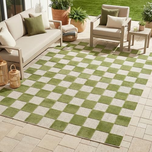 TAPISO Checker Outdoor Teppich Grün Kariert Wetterfest 160 x 220 cm | Balkon Garten Terrasse Camping - Waschbar UV-beständig Strapazierfähig Outdoorteppich Balkonteppich Indoor Flachgewebe
