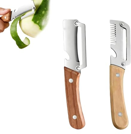Pelapatate Multifunzione, Pela Verdure Multifunzione, Coltello per Verdure Julienne, Sbucciatore, Apribottiglie, Lama in Acciaio Inox, Impugnatura Ergonomica in Legno (Mescolare 2 pezzi)