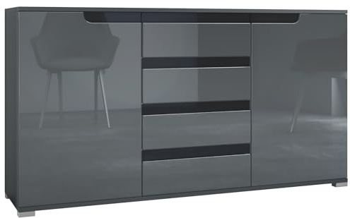 Vladon Sideboard Sylt V1, Kommode mit 2 Türen und 4 Schubladen, Korpus - Anthrazit matt/Front - Grau Hochglanz/Absetzung - Schwarz Hochglanz (138,5 x 75,5 x 35 cm)