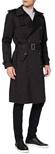The Platinum Tailor Noir hommes traditionnel double boutonnage long Trench-coat Militaire Coton Imperméable - Noir, Noir, 42