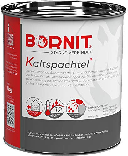BORNIT Kaltspachtel Dach Spachtel Flachdachabdichtung wasserdicht Garage | [faserarmiert] 1kg Haus Dichtungsband selbstklebend Carport Reparatur Kleber Dichtmasse Dachpappe Riss Wandanschluss Bitumen