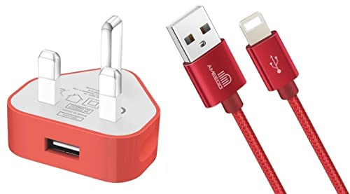 AMO USB Charger Plug UK, USB Plug Adapter Data Cable 3 Meter Compatible For iOSiPhones 5 5S 5C SE 7 8 X XS XR 11 12 13 14 iOSiPad iOSiPod Air Pods (Red 1Amp)