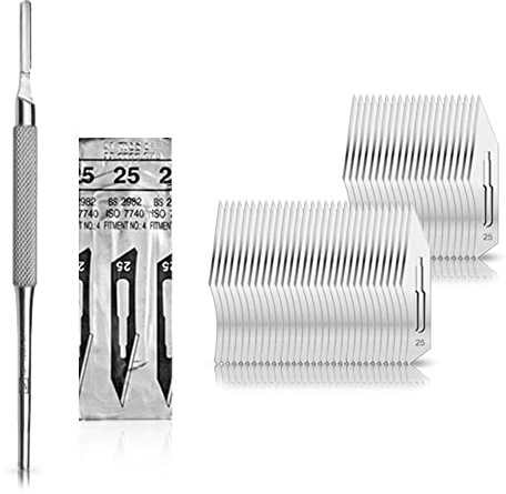 Set avec 50 x lames de scalpel N° 25 - Lame stérile en acier au carbone et 1 x May - manche de scalpel Figure N° 4 avec manche rond en acier inoxydable