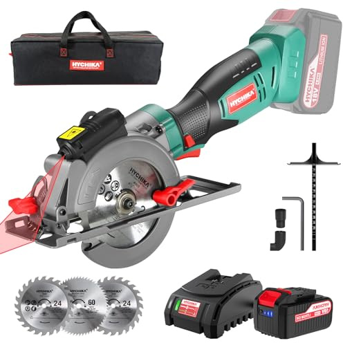 HYCHIKA Cordless Circular Saw, 18V Mini Circular Saw with 4.0Ah Battery, 3 Blades(4-1/2,4-9/10), 3500RPM Max Cuting Depth:90°(48mm)/45°(32mm), Compact Circular Saw for Wood, Plastic and Soft Metal