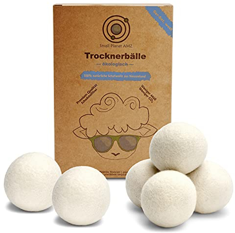 Small Planet AMZ® Öko Trocknerbälle - 100% neuseeländische Premium Schafwolle, energiesparend und plastikfrei - Trocknerbälle für Wäschetrockner 6er-Set