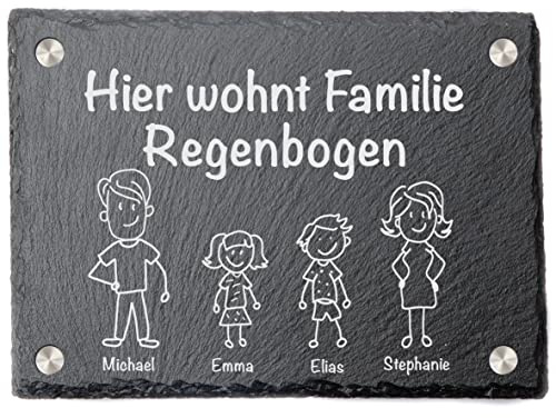 stoamandal Türschild mit personalisierbarer Gravur - Schiefer - Hier wohnt Familie Regenbogen - mit Abstandhalter aus Edelstahl - Wasserabweisende Schutzschicht - outdoor