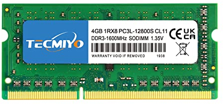 TECMIYO 4GB PC3L-12800S DDR3 1600MHz SODIMM PC3 12800 1.5/1.35V CL11 204Pin 1RX8 Non-ECC Unbuffered Laptop RAM para Apple MacBook Pro iMac Mini