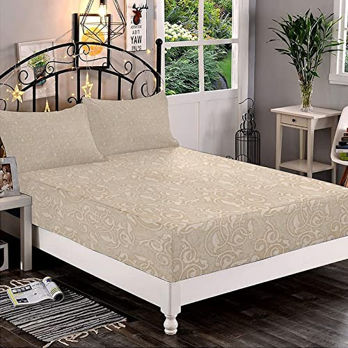XISUNYA Decorative Bedding Sheet Set Cal-King Size, Beige Fitted Sheet & 2 Pillowcases Set(No Flat Sheet), Swirling Seeds and Flower Pattern Antique Oriental Motifs Garden Print 3pc Bed Sheets Set