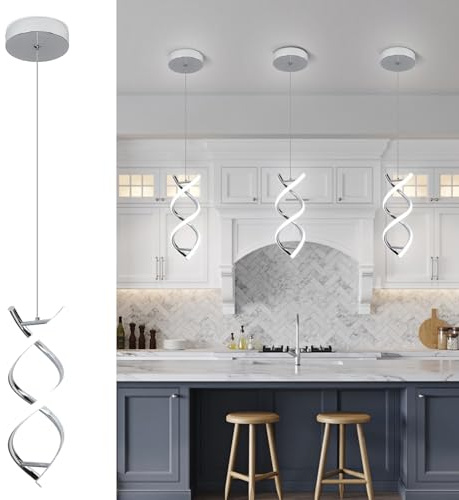 CANEOE Spiral Led Pendant Light Fixture,15W Cold White Light Modern Integrated LED Hanging Lamp, Adjustable Island Light Fixture for Living Room Bedroom Kitchen Sink, 1 Pack (Chrome)