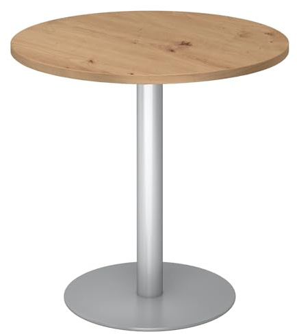 bümö Besprechungstisch, Esstisch klein, Tisch rund 80x80 cm in Asteiche, Gestell: Silber - Kleiner Rundtisch für 2 Personen mit Holz-Platte, Säule aus Metall, Konferenztisch, Bistrotisch