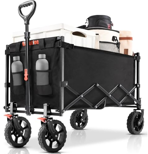 Navatiee 140L Wagon Cart Foldable, Large Capacity Collapsible Wagon with Smallest Folding Design, Utility Grocery Cart for Camping Shopping Sports, Black
