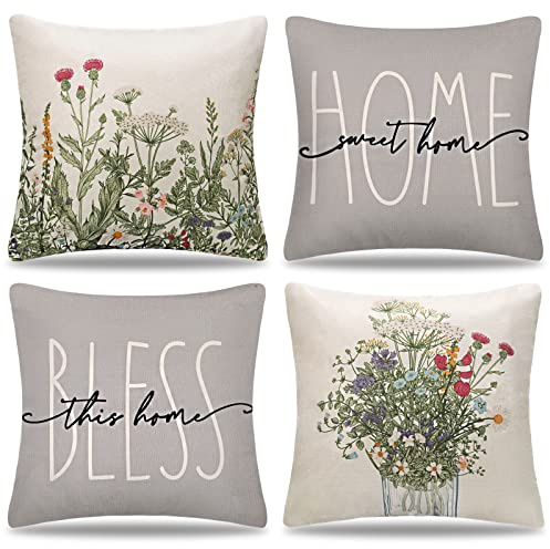 Funda Cojin 40x40 Flores Primavera Fundas Cojines Sofa Exterior Verde Hojas Planta Funda de Almohada Decorativos para Cama Sofás Sala de Estar Dormitorio Sala de Estudio Jardín Coche Juego de 4